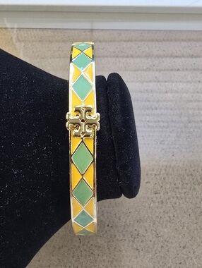 TORY BURCH Gold-Tone Yellow & Mint Enamel Bangle Bracelet - Designer Logo Accent